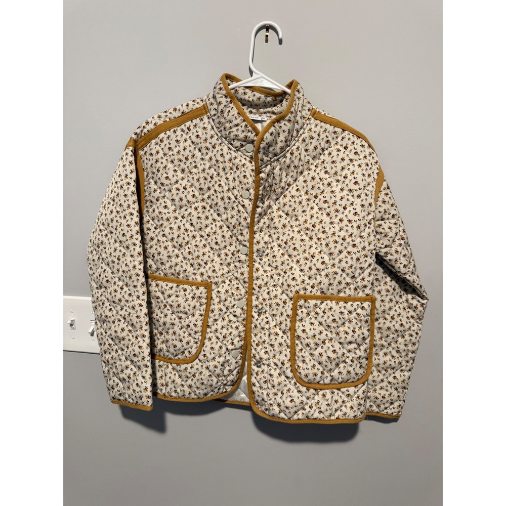 Staccato Women Floral Quilted Jacket Mustard Trim Mock Neck Snap Front Cream S